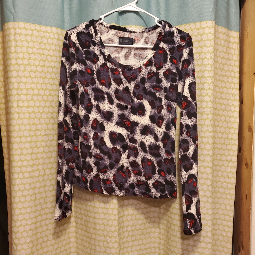 Tripp, purple, red, black leopard print cardigan M